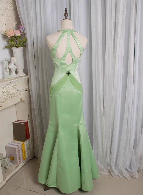 Weitese Dress Retro Light Green Water Drop Beaded Deep V Backless Mermaid Satin Prom Dress